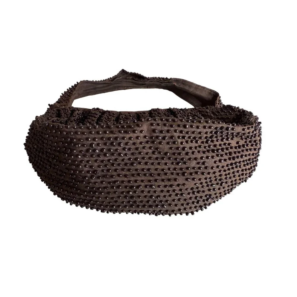 70s Brown Beaded‎ Shoulder Bag With Zipper Closure